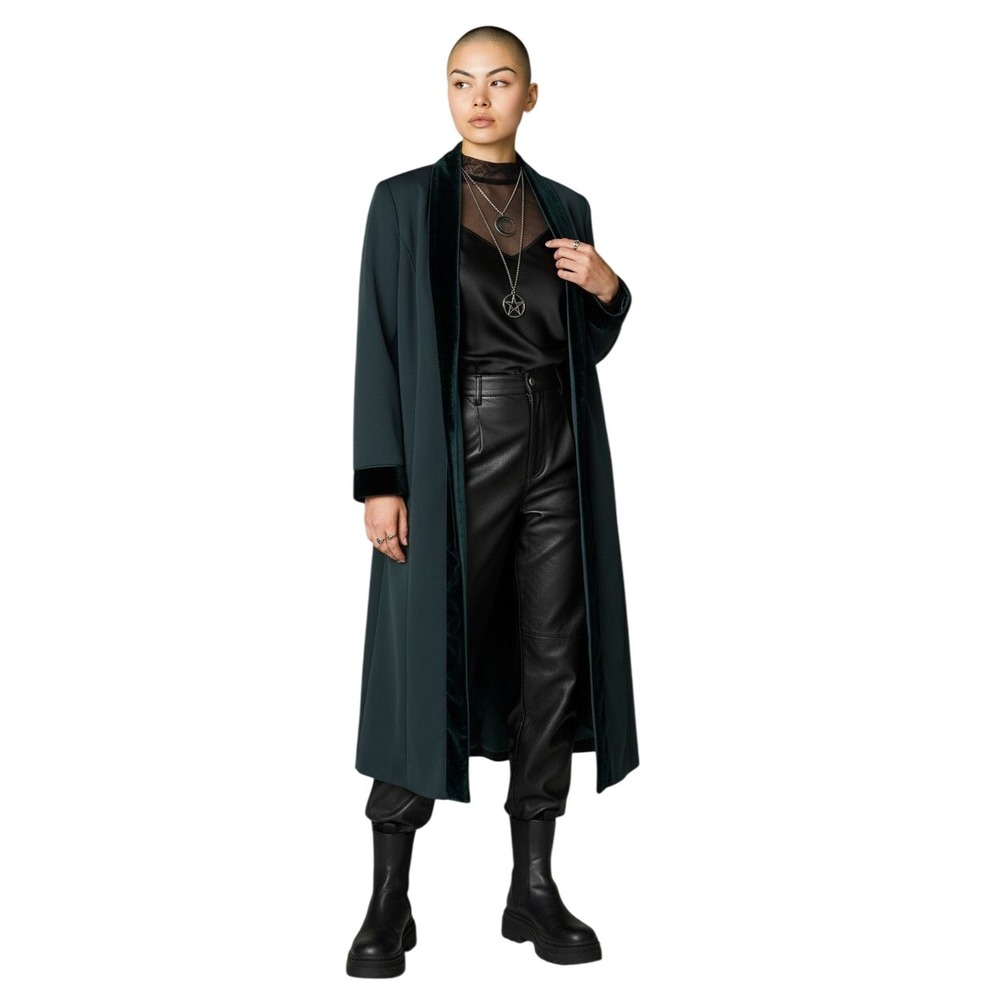 Juliana Collezione Sateen Jacket Women 8 Emerald Green Velvet Trim  Duster Goth